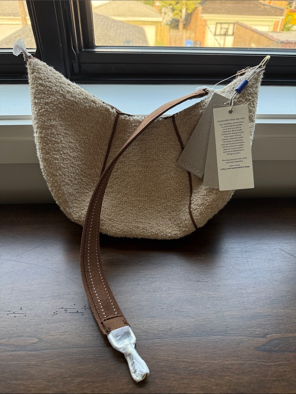 NWT Rothy's Cream Boucle Crescent Shoulder Bag with Brown Trim and Strap - Picture 2 of 5